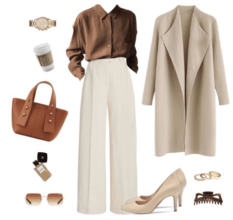 University Work Outfit, Cream Color Outfits Classy, Beige White And Black Outfit, Cream Office Pants Outfit, Beige Pants Women Outfit, Beige Crop Pants Outfits, Cream Wool Pants Outfit, Outfit Ideas Cream Pants, Tan White Outfit Classy