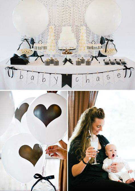 Loveeee this Black And White Gender Reveal Ideas, Monochrome Baby Shower Ideas, Black And White Gender Reveal Party, Black And White Baby Shower Ideas, Baby Shower Oso, Office Baby Showers, Shower Black, White Baby Showers, Baby's First Birthday