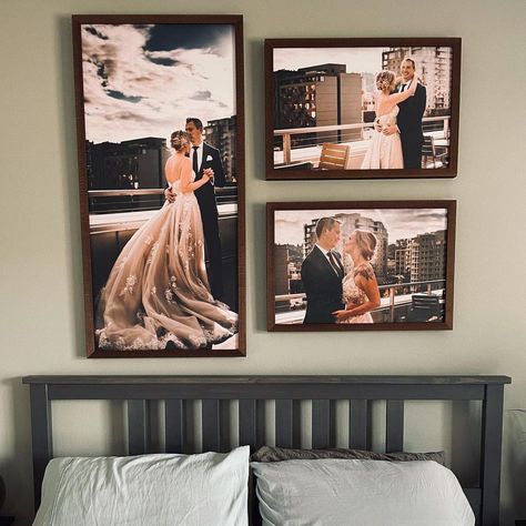 Smallwoods Gallery Wall Wedding, Wedding Photo Wall Display Bedroom, Wedding Wall Pictures Home Decor, Couple Photos On Wall Ideas, Wedding Photo Decor Home Living Rooms, Wedding Pictures Living Room, Wedding Photo Arrangements On Wall, Wedding Picture Display At Home Bedroom, Wedding Canvas Wall Display