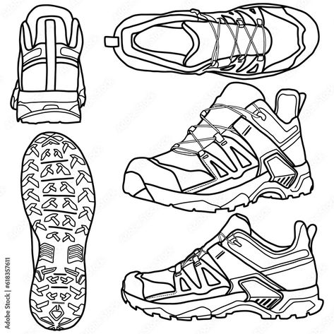 Template vector hiking shoes, suitable for your custom hiking shoes, outline vector doodle illustration, front, back, bottom, side and top view, isolated with white background. Shoes Side View Drawing, Sneaker Front View, Shoe Bottom View, Shoe Side View, Shoes Side View, Shoes Front View, Side View Drawing, Shoes Vector, Sneakers Design