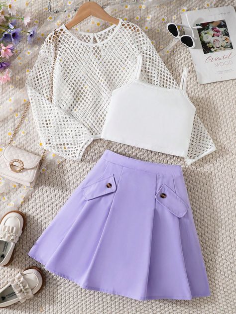 Mauve Purple Casual Collar   Colorblock,Plain  Embellished Non-Stretch  Tween Girls Clothing Colorful Skirt Outfits, Pastel Outfits Aesthetic, Crop Tops Outfits, Cute Outfits With Shorts, Áo Crop Top, Pleated Skirt Outfit, Skirt Ideas