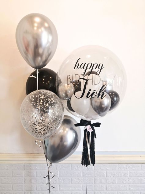 Whether it's a milestone celebration or just another year of wonderful memories, these balloons will add a touch of charm and excitement 让生日瞬间变得难忘，经典又精致而时尚的黑银色气球款 🖤✨ Hurry and get your hands on this exclusive birthday treat for the special man in your life. Order now and make his birthday a truly remarkable occasion! 🎂🎁 #BirthdayBalloons #CelebrateInStyle #EventDecor #PartySupplies #SpecialOccasion #GiftIdeas #ElegantCelebration #StylishBalloons #PartyPerfection #themomentevent Balloon Decorations For Birthday Men, Silver Birthday Balloons, Flower Wedding Decor, Glamorous Decor, Birthday Treat, Birthday Balloon Decorations, Kuching, Bubble Balloons, Birthday Template