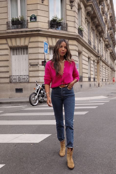 Easy way to style a cardigan! – Sincerely Jules Sezane Winter 2022, Sincerely Jules Style 2022, Sincerely Jules Winter Outfits, September Outfits Casual Fall, Sincerely Jules Style 2024, Sincerely Jules Style 2023, Cardigan Styling Ideas, Fuchsia Top Outfit, Sincerely Jules Style Summer