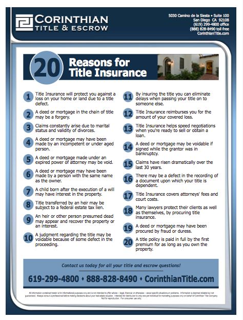 20 Reasons for Title Insurance -- Corinthian Title & Escrow Title Insurance Marketing, Title Company Marketing Ideas, Realtor Career, Real Estate Client Gifts, Real Estate Investing Rental Property, Title Company, Real Estate Business Plan, Buying First Home, Real Estate Fun