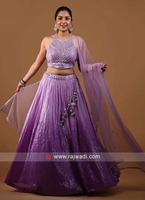 Sequin Lehenga Designs, Lavender Lehenga Combination, Double Shade Lehenga, Simple Chaniya Choli Designs Latest, Pastel Lavender Lehenga, Lavender Indian Outfit, Latest Chaniya Choli Design For Marriage, Latest Crop Top Designs For Lehenga, Lavender Top Outfit