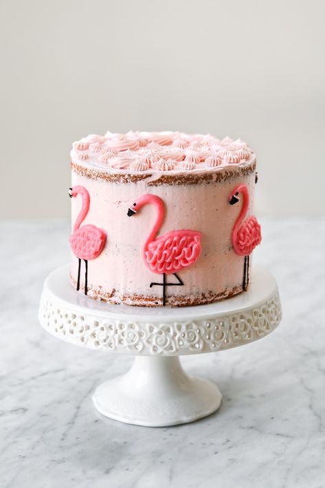 Flamingo Pink Velvet Cake with Strawberry Rhubarb Compote | Constellation Inspiration End Of Summer Cake, Strawberry Rhubarb Cake, Strawberry Rhubarb Compote, Pink Velvet Cakes, Flamingo Birthday Cake, Rhubarb Compote, Flamingo Cake, Rhubarb Cake, Flamingo Birthday Party