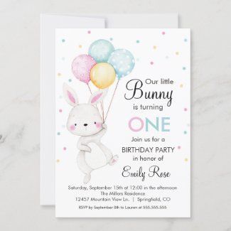 Little Bunny Balloons Birthday Invitation #ad Bunny Birthday Invitations, Bunny Balloons, Bunny Birthday Theme, Bunny 1st Birthday, Bunny Balloon, Birthday Bunny, Bunny Invitations, Bunny Birthday Party, Floral Birthday Invitations