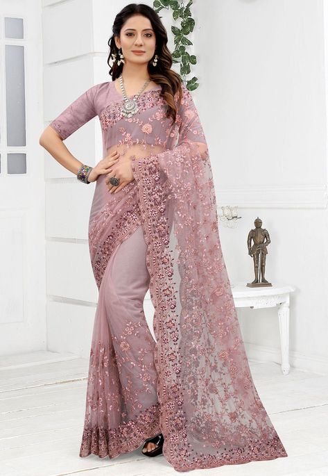 Reception Saree Look, Latest Sarees Online, Engagement Saree, Reception Saree, Saree Designs Party Wear, Violet Color, Net Saree, Net Fabric, Silk Lehenga