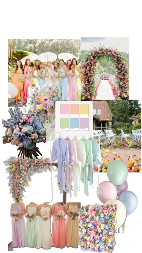 Ideas for my 2026 wedding Pastel Rainbow Wedding Decorations, Pastel Reception Decor, Kidcore Wedding, Multi Color Wedding Theme, Pastel Colors For Wedding, Pastel Wedding Palette, Pastel Rainbow Wedding, Pastel Themed Wedding, Pastel Color Wedding