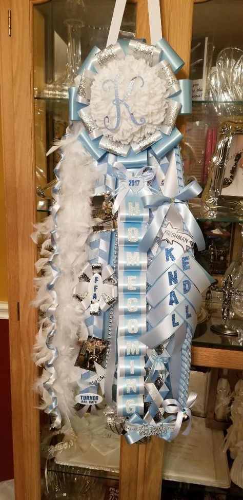 Colorful Mums Homecoming, Blue White Silver Homecoming Mum, Homecoming Mums Blue And White, Blue And White Mums Homecoming, Blue And White Homecoming Mums, Blue Mums Homecoming, Freshman Mum, Big Mum, Senior Pants