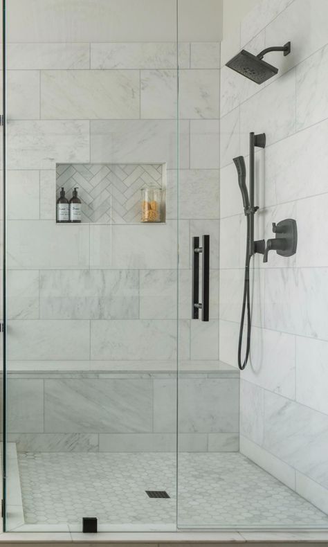 Shower Ideas With No Glass Door, Leg Shaving Shower Niche, In Built Shower Shelf, Shower Build In Shelf, Tile Shower Dark Floor, Large Tile Small Shower Ideas, White Grey Shower Tile Ideas, Pretty Shower Tile Ideas, Shower With Built In Shelf