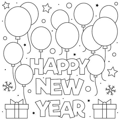 Happy new year. coloring page. black and... | Premium Vector #Freepik #vector #happy-new-year #happy-new #new-years #cartoon-balloon New Years Coloring Sheets, New Years Drawing Ideas, New Year's Drawings, Merry Christmas Coloring Pages, New Years Eve Traditions, Kids New Years Eve, New Year Coloring Pages, Minecraft Coloring Pages, New Year Art