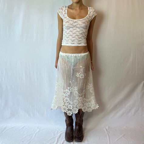 Gorgeous sheer white lace skirt. Feature beautiful... - Depop Sheer Lace Skirt, Thrift Manifestation, Coachella Outfits, White Lace Skirt, Mid Skirt, Indie Sleaze, Coachella Outfit, Sheer Skirt, Bang Bang