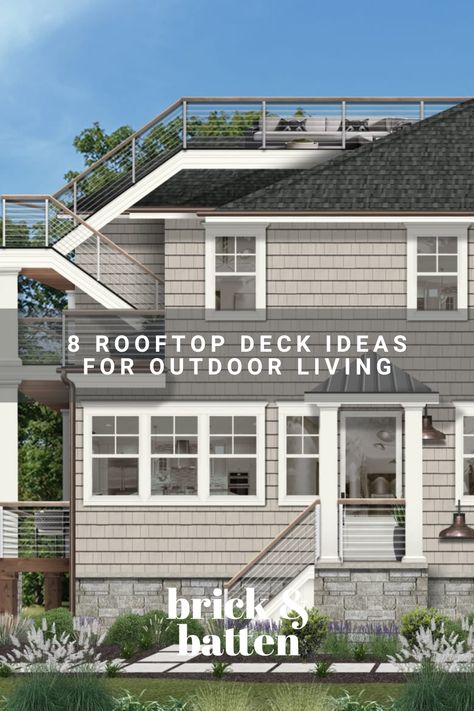 Deck On Top Of Roof, Residential Rooftop Deck, Deck On Roof Of House, Creative Addition Ideas, Beach House With Rooftop Deck, Roof Top Terrace Designs House, Rooftop Deck House Plans, Beach House Rooftop Deck, Rooftop Deck Ideas Roof Terraces