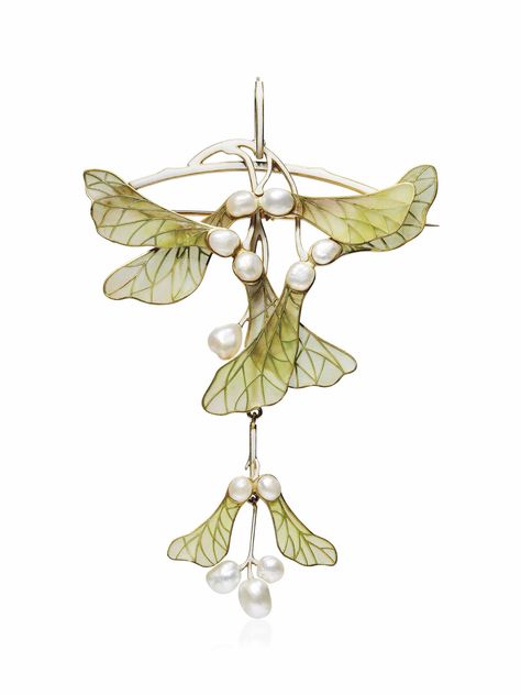 "AN ART NOUVEAU ENAMEL AND PEARL PENDANT/BROOCH, BY HENRI VEVER Modelled as four green window enamel maple samaras, with white enamel stylised branches and pearl accents, circa 1900, 11.5 cm, with French assay marks for gold Unsigned Accompanied by authenticating photograph dated 26 May 1981 from Vever Joaillier Please note that the pearls have not been tested for natural origin" (quote) via christies.com Ornate Necklace, Lalique Jewelry, Motifs Art Nouveau, Bijoux Art Deco, Bijoux Art Nouveau, Art Nouveau Design, Art Nouveau Jewelry, Pendent Necklace, Enamel Ring