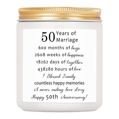 PRICES MAY VARY. 50TH ANNIVERSARY GIFTS - 7 oz soy lavender scented candle with the sweet sayings printed on the front "50 Years of Marriage... ". 50th anniversary gifts for parents, grandparents, couple, husband, wife, friends, women, men, dad, mom. Those who receive this anniversary gift will be very happy. ANNIVERSARY & WEDDING GIFTS - It is the best gift as a anniversary, wedding anniversary, Valentine's Day, birthday, Thanksgiving, Christmas. This candle gift can express the deep love betwe 50th Anniversary Gifts For Friends, 50th Anniversary Gifts Diy, 50th Anniversary Gift Ideas, 50th Wedding Anniversary Gift Ideas, 30th Anniversary Gifts For Parents, 50th Wedding Anniversary Decorations, Anniversary Gift For Friends, Anniversary Wedding Gifts, 50 Anniversary