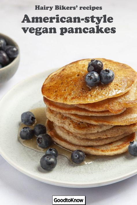 Hairy Bikers’ American-style vegan pancakes recipe. You’re going to love the Hairy Bikers‘ American-style vegan pancakes. These delicious pancakes are so easy to make at home and are a healthier option too. These vegan pancakes are infused with cinnamon and use plant-based milk and are also egg-free which makes them suitable for both vegan and vegetarian diets. #veganfood #vegetarianfood #pancakes #pancakeday #veganpancakerecipe #easyveganpancakes #easyvegetarianpancakes #easypancakerecipe Hairy Bikers Recipes, Vegan Pancakes Easy, Vegetarian Diets, Vegan Pancake Recipes, Delicious Pancakes, American Pancakes, Pancake Recipe Easy, Meat Free Recipes, Vegan Pancakes