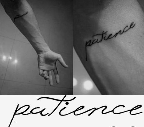 Patience Tattoo Design, Patience Tattoo Fonts, Optimism Tattoo, Wrist Tattoo For Men, Rocky Tattoo, Feather Tattoo For Men, Patience Tattoo, Meaningful Tattoos For Men, Latin Tattoo