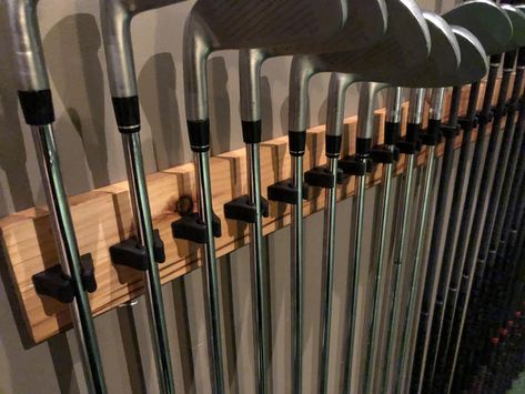 Ideas for wall mounted club holder - Golf Simulator Forum Diy Golf Club Storage, Golf Club Storage, Media Room Bar, Simulator Room, Golf Simulator Room, Pool Cue Rack, Fishing Rod Storage, Cue Rack, Golf Simulator