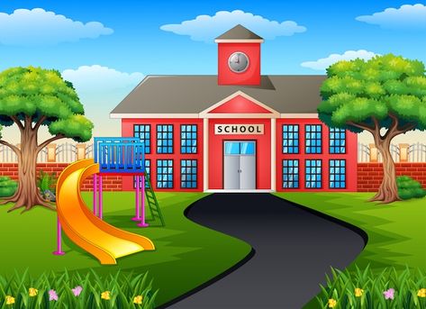 Scene with school building and playgroun... | Premium Vector #Freepik #vector #school-gate #school-building #university-building #school-cartoon Picture Of School Cartoon, School Images Pictures, School Drawing Building, School Cartoon Images, Cartoon Playground, School Ground, Building Cartoon, School Outside, School Gate