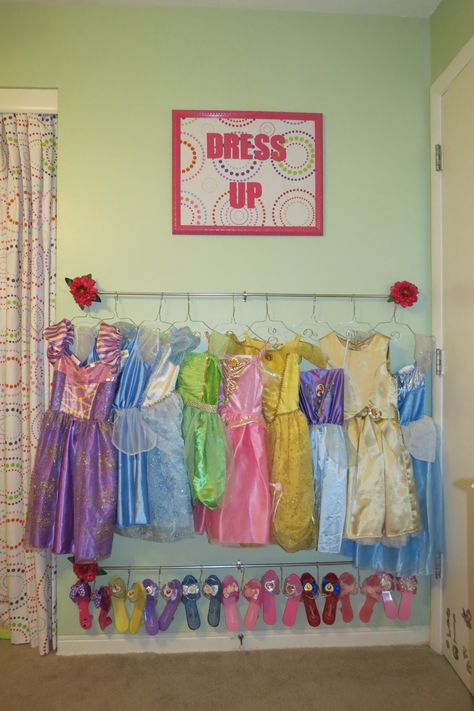 Hanging Dress Up Clothes On Wall, Hang Princess Dresses, Dress Up Storage Behind Door, Dress Up Wall Ideas, Princess Dress Organization, Bedroom Door Ideas, Kids Rooms Ideas, Kids Shoe Rack, Dress Up Corner