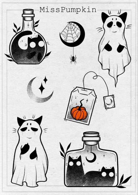 #halloween #spookyseason #tattooflash #tattooideas #tattoo #halloweentattoo #spookytattoo #halloweenvibes #cutetattoo #cutetattooideas #ghost #cuteghost #ghosttattoo #cat #cutecat #cattattoo #ghostcat #moontattoo #pumpkintattoo #pumpkin #potion #potiontattoo #drawing #art #bodyart Halloween Friends Tattoo, Coffin Shape Tattoo, Halloween Couple Tattoo Ideas, Halloween Gnome Tattoo, Tattoo Flash Art Halloween, Ghost Puppy Drawing, Halloween Inspo Drawings, Ghost Mirror Tattoo, Feminine Ghost Tattoo