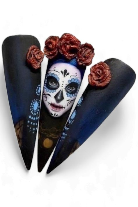 Skull Makeup Nails Stilleto Nails Designs, Holloween Nails, Multicolored Nails, Halloween Acrylic Nails, Rose Nail Art, Nail Drawing, Holiday Nail Designs, Gothic Nails, Pretty Nail Art Designs