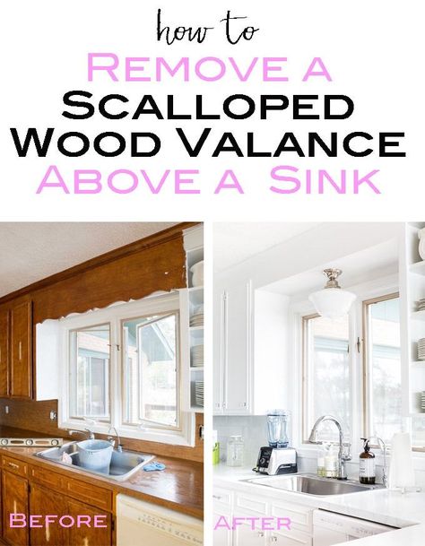 How to remove the dated scalloped wood valance above a kitchen sink. A great weekend DIY. Kitchen Window Makeover, Over The Kitchen Sink Light, Kitchen Cabinet Valance Over Sink, Above Sink Window, Kitchen Valence Ideas Above Sink, Over The Sink Lighting Kitchen, Kitchen Lights Over Sink, Kitchen Over Sink Lighting, Kitchen Lighting Ideas Over Sink