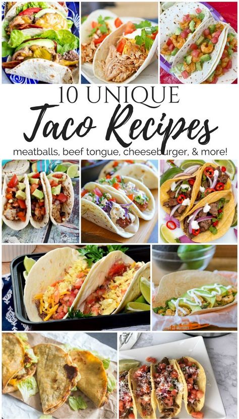 10 Unique Taco Recipes to add to your meal rotation. #diinner #lunch #tacos #tacorecipes #tacotuesday #beeftongue #meatballs #shrimp #barbacoa #merrymonday Different Tacos Ideas, Fun Taco Ideas, Unique Taco Ideas, Unique Taco Recipes, Taco Variations, Fancy Tacos, Meatball Tacos, Tuesday Meals, Beef Tongue Tacos