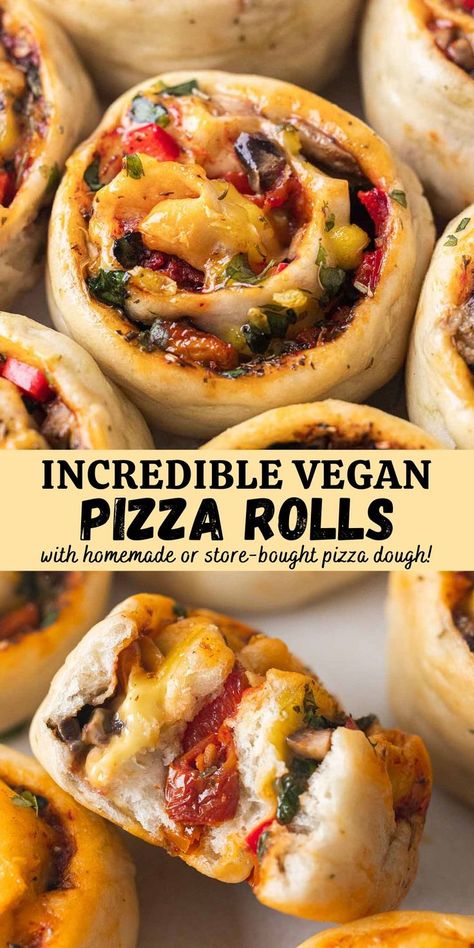 Vegan Pizza Rolls, Resepi Biskut, Plat Vegan, Vegan Party Food, Tasty Vegetarian Recipes, Pizza Rolls, Vegan Appetizers, Vegan Pizza, Vegan Cooking