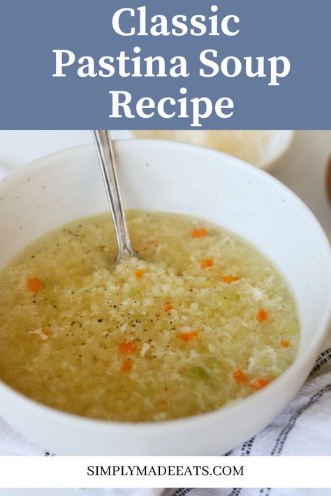 Classic pastina soup in a bowl topped with black pepper and cheese. Traditional Pastina Soup, Simple Pastina Recipes, Pasting Soup Recipe, Pastatini Soup, Italian Pastina Soup Recipes, Italian Penacillan Soup, Easy Pastina Soup, Penaciline Soup, Patina Soup