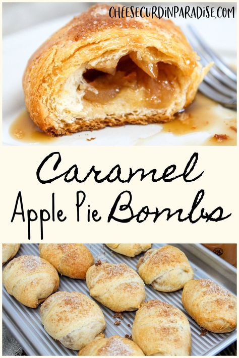 Caramel Apple Pie Bombs are a creative apple dessert. Warm seasoned apples and caramel sauce are rolled into a crescent roll and baked. The end result is a fluffy pastry that is bursting with caramel apple flavor! Caramel Apple Taquitos Recipe, Caramel Apple Crescent Ring, Fluffy Pastry, Roll Appetizers, Apples And Caramel, Apple Pear Crisp, Cheese Curd, Best Apple Recipes, Pear Crumble