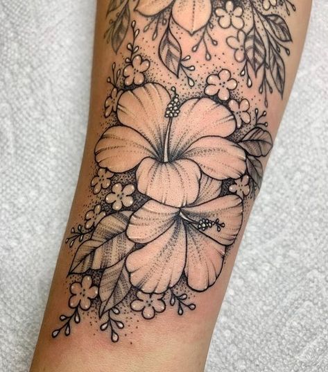 Mandala Hibiscus Tattoo, Womens Back Of Calf Tattoo, Shaded Hibiscus Tattoo, Hibiscus Half Sleeve Tattoo, Beach Flower Tattoo Ideas, Hibiscus And Monstera Tattoo, Beach Floral Tattoo, Hibiscus Neck Tattoo, Hawaii State Flower Tattoo