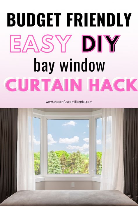 Easy DIY Budget Friendly Bay Window Curtain Hanging Hack, how to make a bay window curtain rod for $10, bay window curtain idea to solve curved rod problem, ideas for the home, home decor hacks, simple way to affordably cover bay window with custom drapes How To Hang Curtains On Bay Windows, Bay Window Rods Diy, Curtains For Bay Window With Bench, Curtains Bay Window Kitchen, Bay Window Painting Ideas, Bay Window Seat Curtain Ideas, Window Covering Bay Window, Drapes Bay Window, Sheer Curtains Bay Window