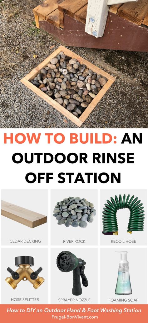 How to Build and outdoor hand and foot washing station. Supplies list, tools, and instructions for building a DIY rinse off station with cedar and river rock. Just add soap and water! Great for kids, messy play, gardening and backyards. Diy Outdoor Wash Station, Outdoor Rinse Off Station, Garden Wash Station, Outdoor Hand Washing Station, Foot Washing Station, Dog Washing Station Outdoor, Forest Playground, Luxury Playhouses, Toddler Garden