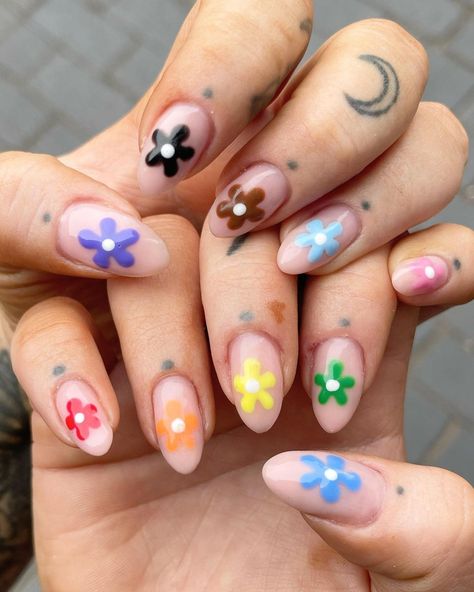 Pride flowers 🌈 - all photo rights owned by @afterglow.bycarmen 😂😘 | Instagram Pastel Funky Nails, Pride Flower Nails, Multiple Nail Designs, Subtle Bi Pride Nails, Pride Nails Subtle, Pride Nails 2024, Gay Nail Art, Non Binary Nail Art, Cute Pride Nails