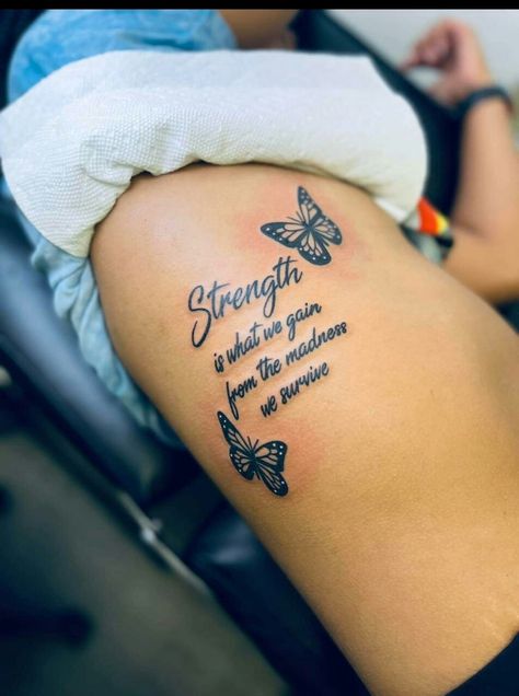 Thigh Tattoo Quotes, Cute Thigh Tattoos, Stomach Tattoos Women, Belly Tattoos, Hand Tattoos For Girls, Meaningful Tattoo Quotes, Cute Hand Tattoos, Pretty Hand Tattoos, Butterfly Tattoos For Women