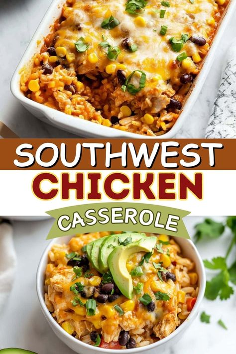 This Southwest chicken casserole is easy, cheesy, and delicious! It's full of tender chicken, rice, beans, corn, plus gooey cheese and yummy toppings. Rice Beans Corn, Southwest Chicken Casserole, Chicken Rice Beans, Mexican Rice Casserole, Chicken Casserole Dinners, Mexican Chicken And Rice, Mexican Chicken Casserole, Chicken Salad Recipe Easy, Chicken Rice Bowls