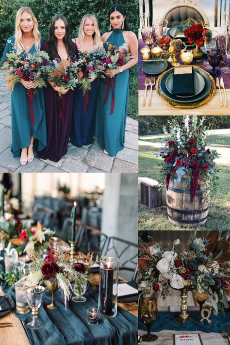 Dark teal and burgundy boho fall wedding color ideas     #wedding #weddingideas #weddingcolors Teal Wedding Colors Schemes, Dark Teal Wedding, Dark Teal Weddings, Teal And Burgundy, Dusty Rose Wedding Colors, Boho Fall Wedding, Teal Wedding Colors, Burgundy Wedding Colors, Wedding Color Scheme