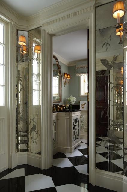 www.eyefordesignlfd.blogspot.com n: Decorate With Mirrored Walls How To Have Style, Scott Snyder, French Country Bathroom, Parisienne Chic, The Enchanted Home, Mirrored Wall, Enchanted Home, White Floors, Beautiful Bathrooms