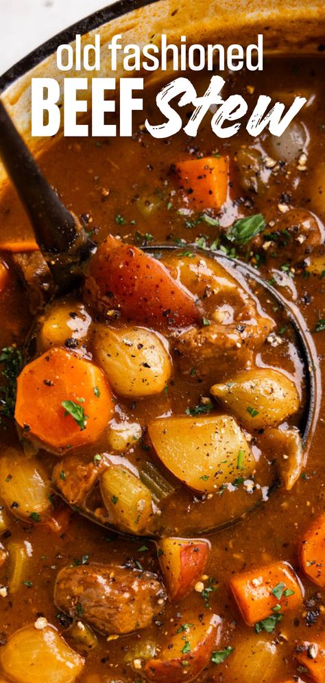 A close up view of a pot of homemade beef stew. Soup Recipes Beef Stew, Beef Tip Stew Crock Pots, Beef Stew In Crockpot Easy, Recipes Using Stewing Beef, Classic Stovetop Beef Stew, Best Stew Meat Recipes, Beef Stew With Cream Of Celery Soup, Crockpot Thick Beef Stew, Best Crockpot Stew