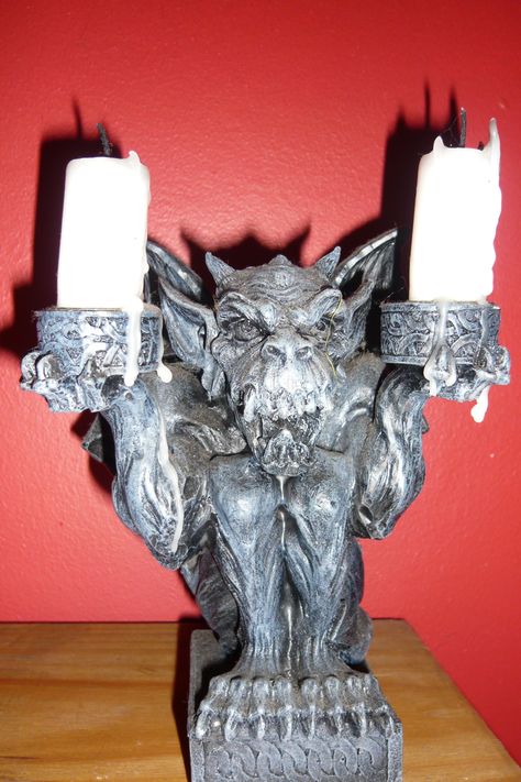 My gargoyle candle holder.  He sits on the shelf above the cooker, so he throws out quite a lot of light. Gargoyle Decor, Gargoyle Ceramics, Garden Gargoyles Gothic, Gargoyle Candle Holder, Gargoyle Statue Gothic, Holding Candle, Gothic Mansion, Gothic Decor, Gothic House