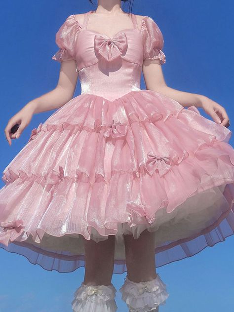 Sweet Lolita OP Dress Polyester Short Sleeves Ruffles Bows Pink Lolita One Piece Dress How To Draw A Puffy Dress, Puffy Dress Reference, How To Draw Puffy Dresses, Pink Frilly Dress Outfit, Puffy Dresses Drawing, Puffy Dress Drawing, Puffy Dresses Short, Big Puffy Dresses, Pink Poofy Dress