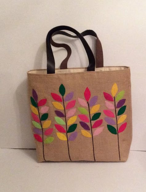 Colorful leaves branches handmade jute tote bagsummer by Apopsis Hand Painted Bags Handbags, Jute Bags Design, Jute Tote Bag, Summer Tote Bag, Canvas Bag Design, Handpainted Bags, Jute Tote Bags, Jute Totes, Summer Tote Bags