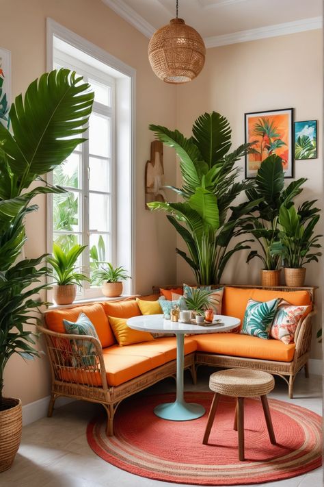 Bright and cozy tropical-themed living room with an orange sofa, lush green plants, a round table, and wall art. Tropical Style Interior Design, Tropical Decor Ideas, Modern Tropical Interior Design, Coffee Nooks, Latin Decor, Tropical Dining Room, Bedroom Furniture Placement, Tropical Office, Layout Bedroom