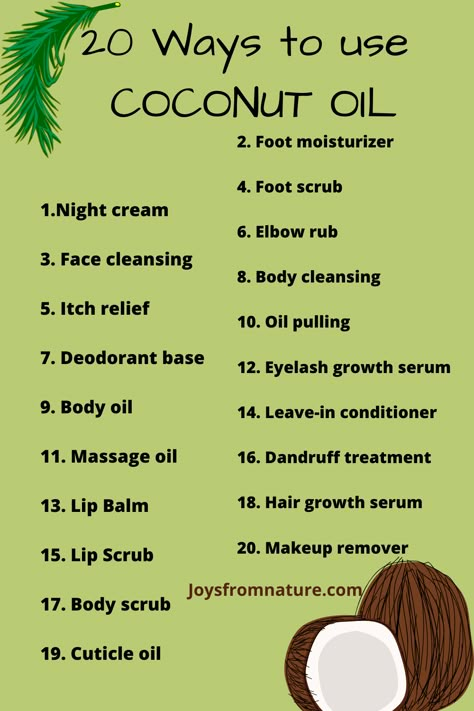 Coconut oil can be used in many ways for skin care, hair care and overall body care. Here are 20 ways to use coconut oil. Read the full article for fun recipes and tips. Coconut Oil Hacks, Ways To Use Coconut Oil, What To Do With Coconut Oil, How To Make Coconut Oil, How To Use Coconut Oil For Hair, Use Of Coconut Oil, Coconut Oil For Lips, Uses Of Coconut Oil, Coconut Oil Body Butter