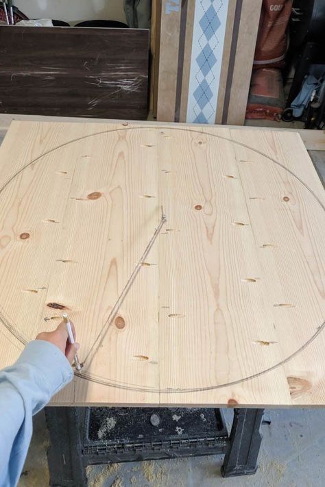 DIY Round High Top Table - Crafted by the Hunts Diy Round Wood Table Top, Round Table With Hairpin Legs Diy, Herringbone Round Table Top Diy, Diy Round Counter Height Table, How To Make A Round Table Top, Round Plywood Table, Build Round Dining Table, Diy Round Table Top, Round High Top Table