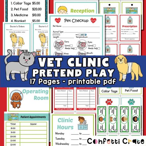 Play Vet Clinic For Kids, Kids Vet Clinic, Vet Dramatic Play, Toddler Pretend Play, Printable Kids Activities, Pretend Play Preschool, Pretend Play Printables, Play Printables, Dramatic Play Printables