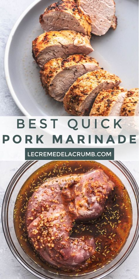 This Best Quick Pork Marinade is all you need to flavor your next pork tenderloin. A little bit tangy, a little spicy, garlicky, and full of Italian herbs and spices, this marinade will keep your meat tender and your mouth watering. Try this easy tasty pork tenderloin recipe tonight! | lecremedelacrumb.com #quick #familymeals #porkmarinade #best #tangy #meat #tendermeat #pork #delicious Pork Loin Marinade, Easy Pork Tenderloin Recipes, Tenderloin Marinade, Pork Tenderloin Marinade, Easy Pork Tenderloin, Juicy Pork Tenderloin, Pork Marinade, Meat Marinade, Italian Herbs