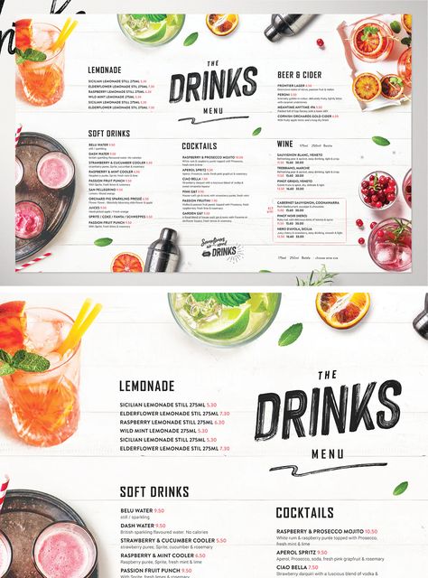 Drinks Menu Template PSD - 17.25 x 11.25 inch - CMYK Print ready - 300dpi Drinks Menu Restaurant, Drinking Menu Design, Online Menu Design, Cafe Drink Menu Design, Menu Drink Design, Smoothie Menu Design, Drink Menu Design Template, Juice Menu Design, Drink Menu Design Ideas